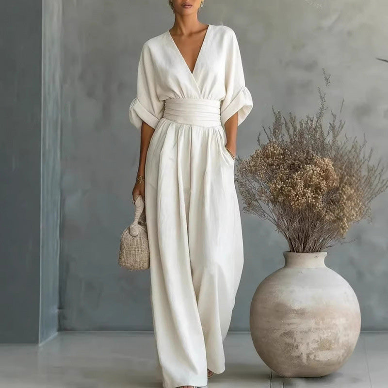 ✨👗 Macacão feminino de decote em V, cintura alta e pernas largas