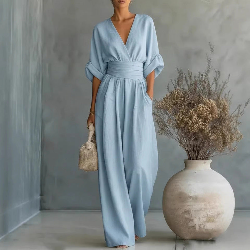 ✨👗 Macacão feminino de decote em V, cintura alta e pernas largas