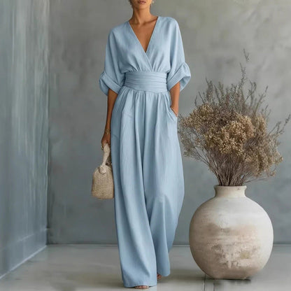 ✨👗 Macacão feminino de decote em V, cintura alta e pernas largas