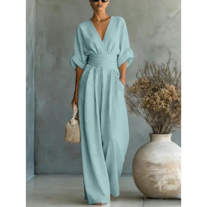 ✨👗 Macacão feminino de decote em V, cintura alta e pernas largas