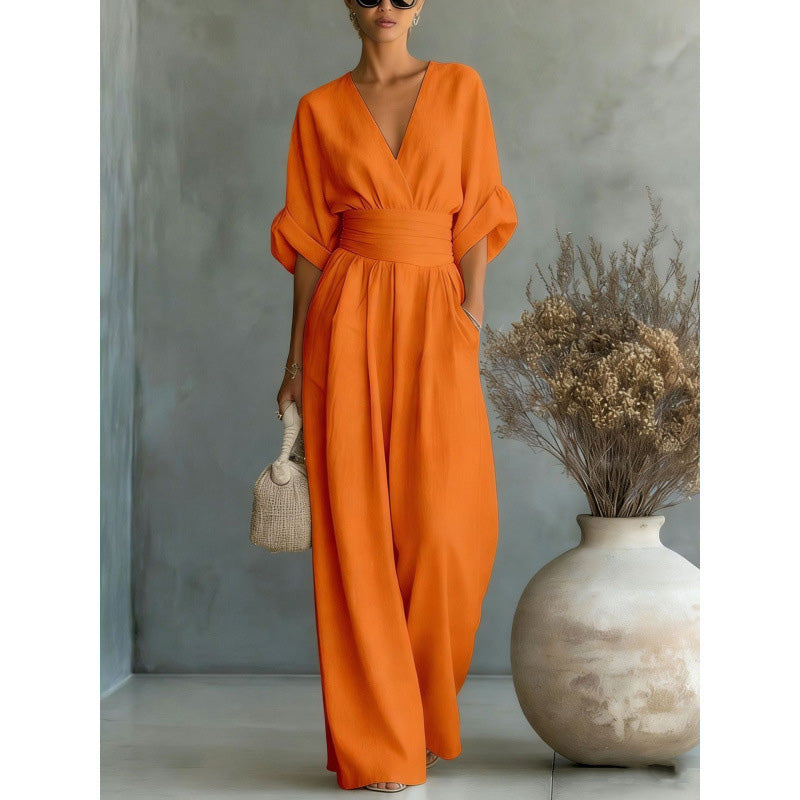 ✨👗 Macacão feminino de decote em V, cintura alta e pernas largas