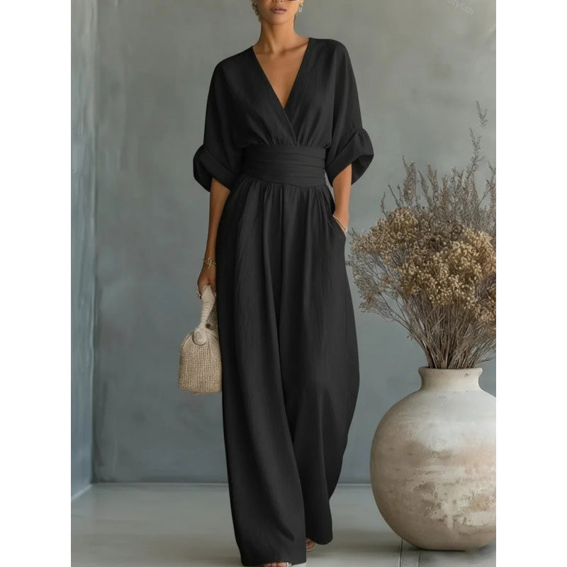 ✨👗 Macacão feminino de decote em V, cintura alta e pernas largas