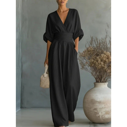 ✨👗 Macacão feminino de decote em V, cintura alta e pernas largas