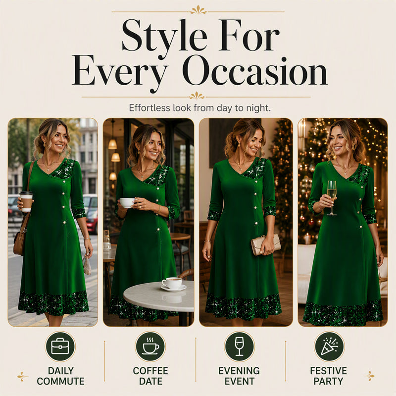✨👗Vestido elegante de decote em V com lantejoulas para mulher