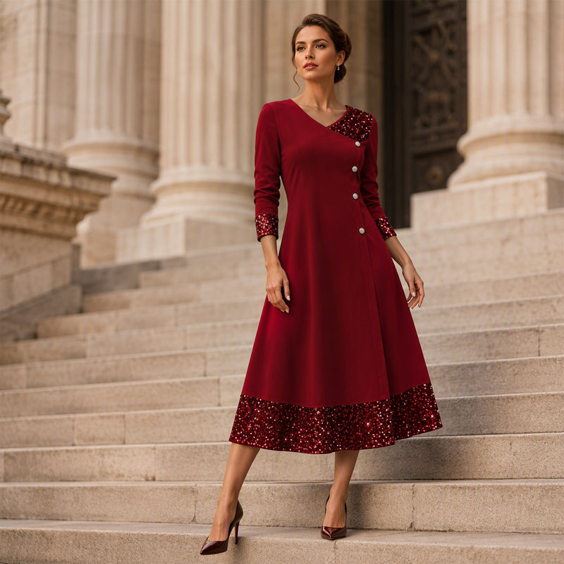 ✨👗Vestido elegante de decote em V com lantejoulas para mulher