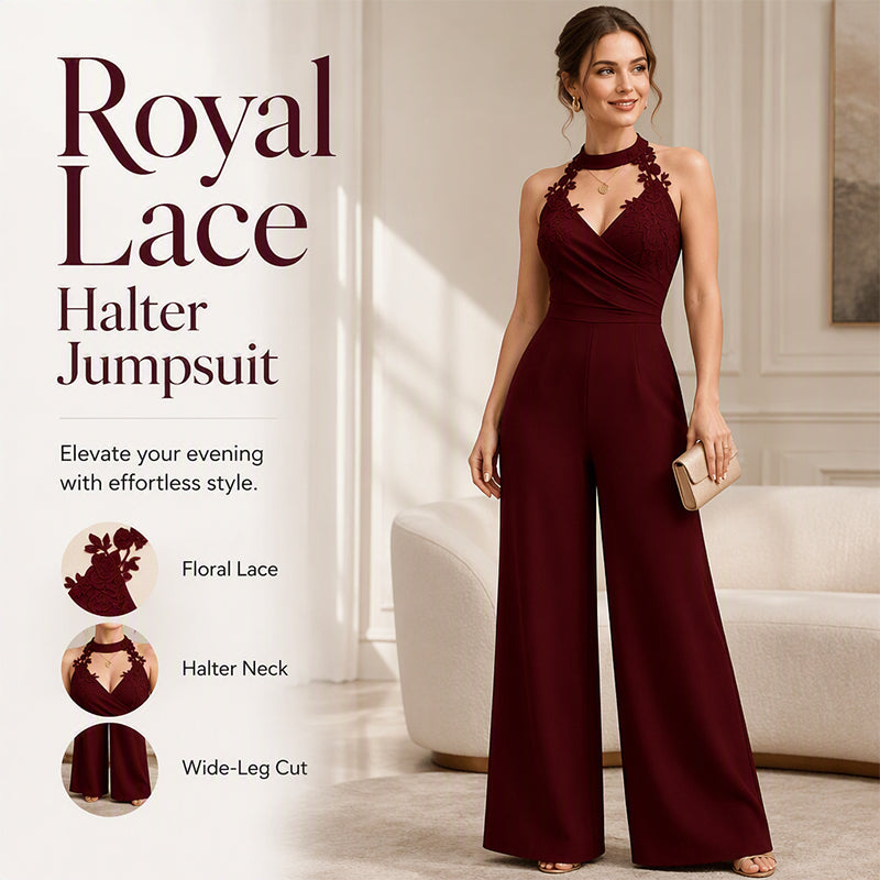 ✨👗Macacão feminino elegante com decote halter, renda, pregas e pernas largas