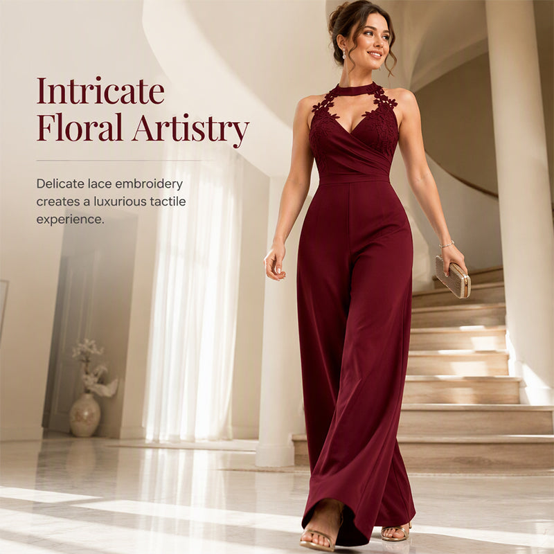 ✨👗Macacão feminino elegante com decote halter, renda, pregas e pernas largas