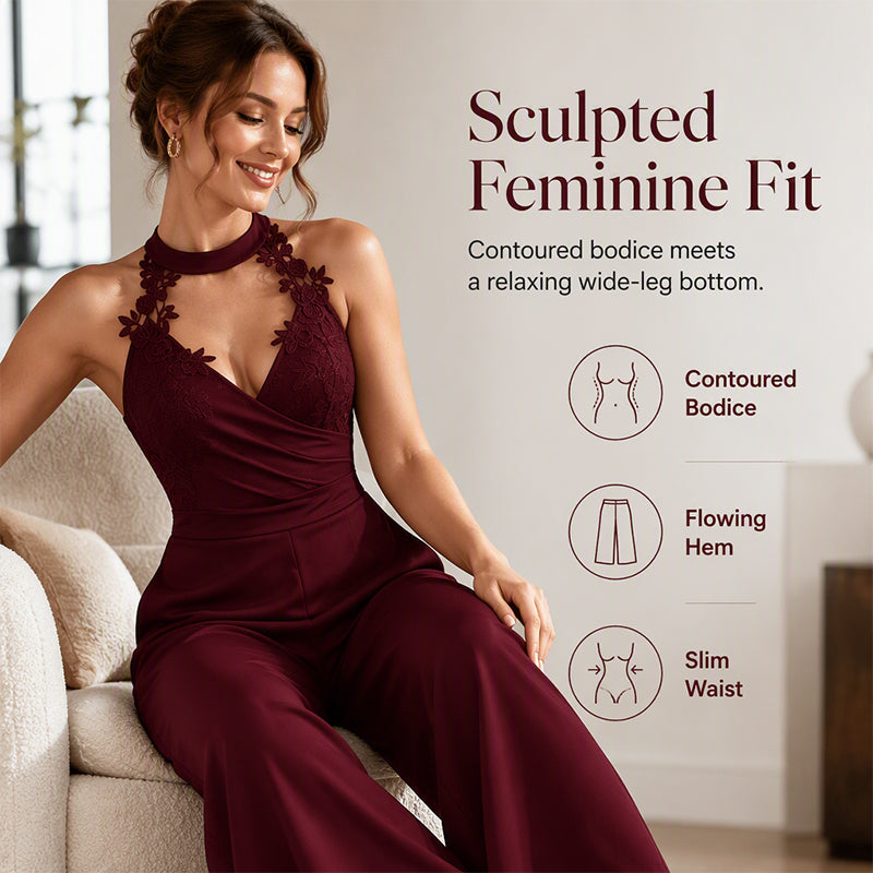 ✨👗Macacão feminino elegante com decote halter, renda, pregas e pernas largas