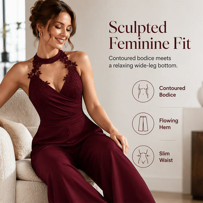 ✨👗Macacão feminino elegante com decote halter, renda, pregas e pernas largas