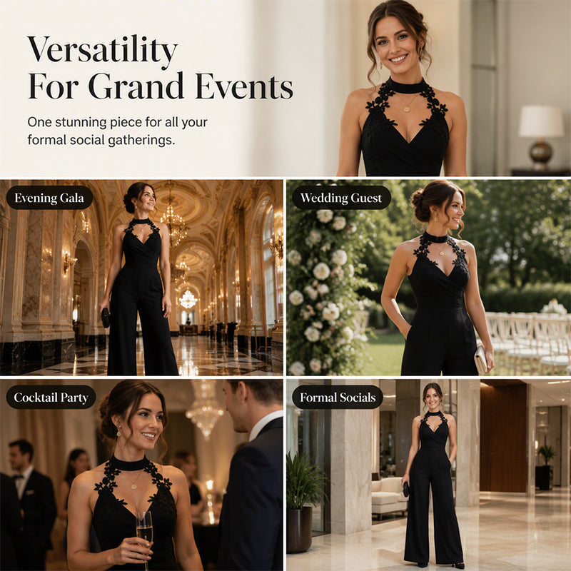 ✨👗Macacão feminino elegante com decote halter, renda, pregas e pernas largas