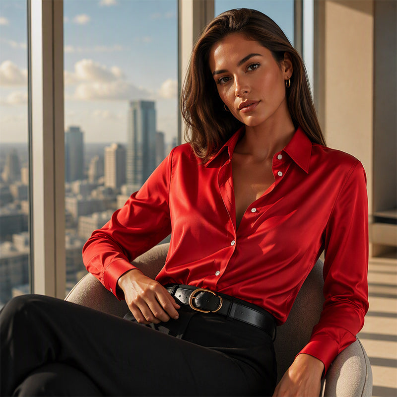 ✨👚Camisa feminina versátil de manga comprida em cetim sedoso