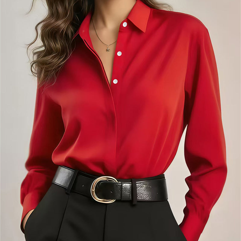 ✨👚Camisa feminina versátil de manga comprida em cetim sedoso