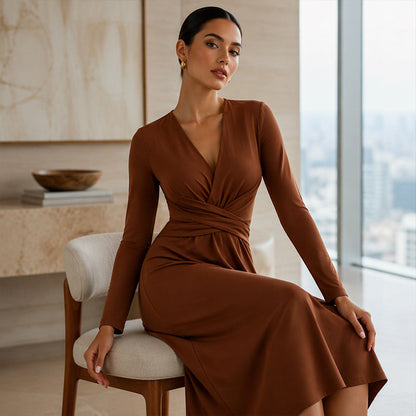 ✨👗Vestido midi elegante com decote em V para mulher