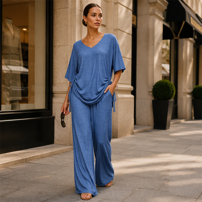 ✨👚Conjunto de top casual com decote em V e calças de perna larga para mulher