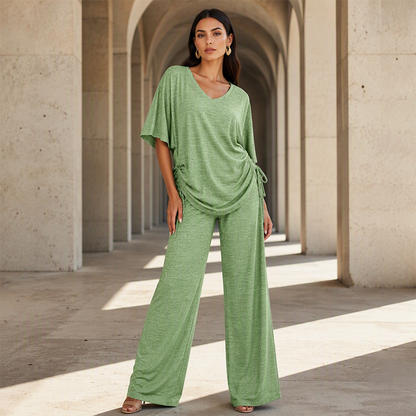 ✨👚Conjunto de top casual com decote em V e calças de perna larga para mulher