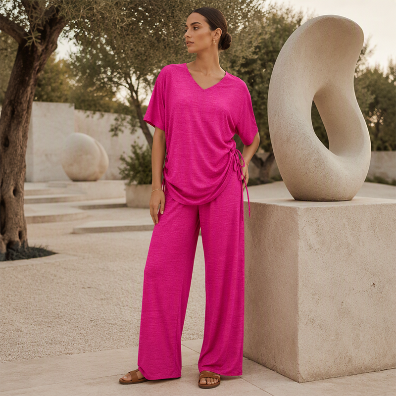 ✨👚Conjunto de top casual com decote em V e calças de perna larga para mulher