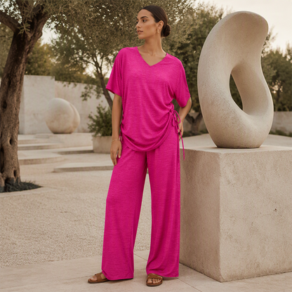 ✨👚Conjunto de top casual com decote em V e calças de perna larga para mulher