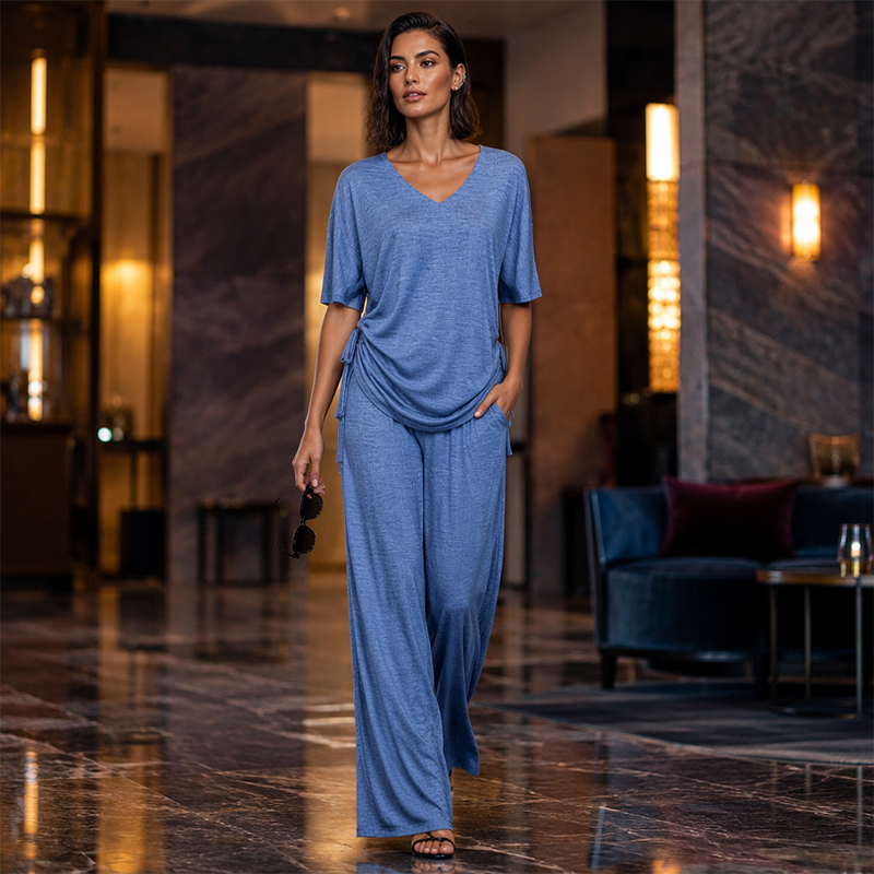 ✨👚Conjunto de top casual com decote em V e calças de perna larga para mulher