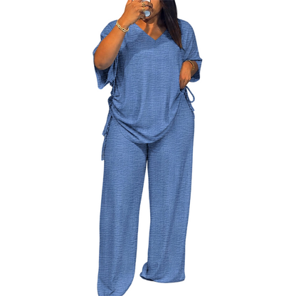 ✨👚Conjunto de top casual com decote em V e calças de perna larga para mulher