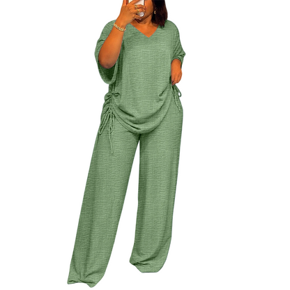 ✨👚Conjunto de top casual com decote em V e calças de perna larga para mulher