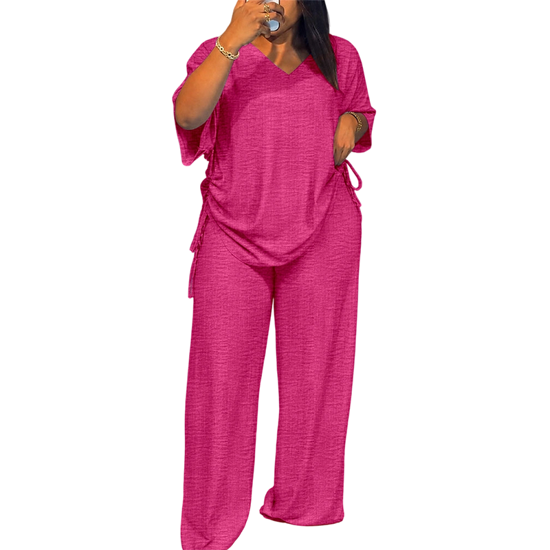 ✨👚Conjunto de top casual com decote em V e calças de perna larga para mulher