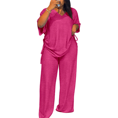 ✨👚Conjunto de top casual com decote em V e calças de perna larga para mulher