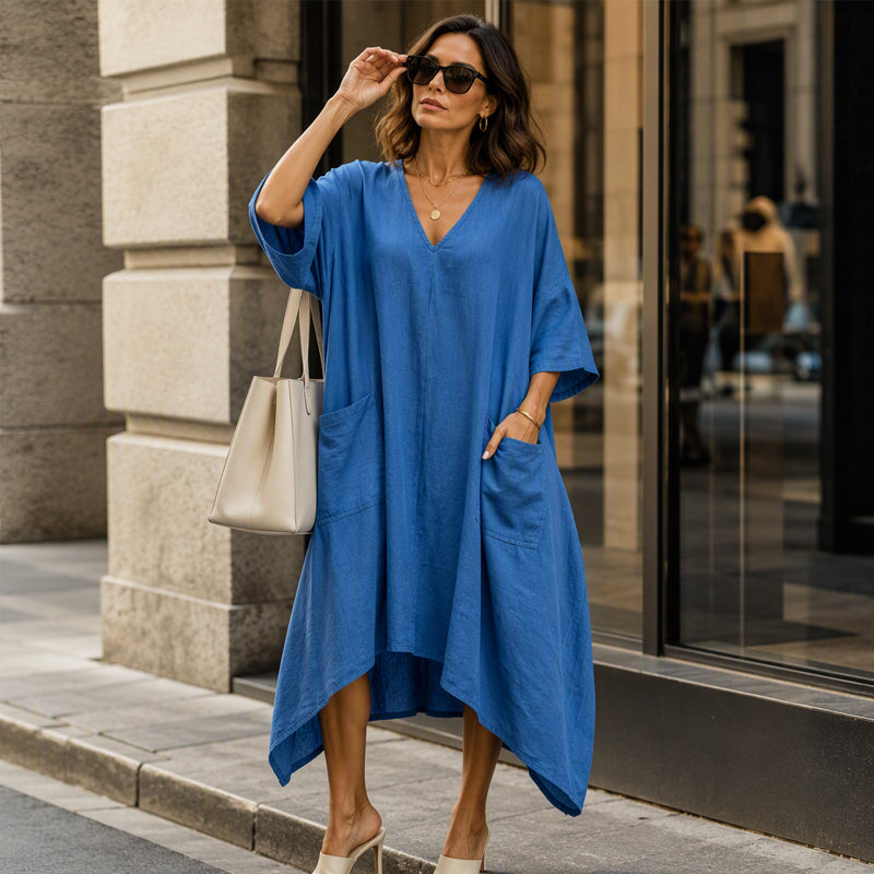 ✨👗Vestido feminino largo com decote em V e corte assimétrico