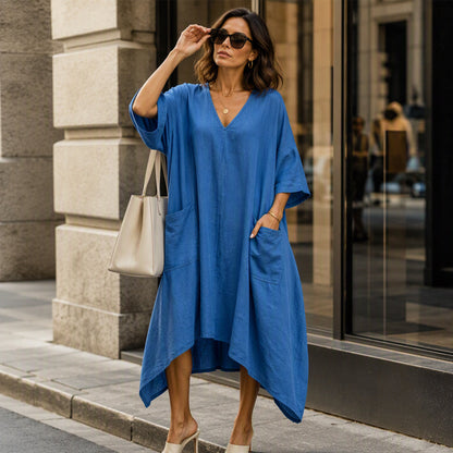 ✨👗Vestido feminino largo com decote em V e corte assimétrico