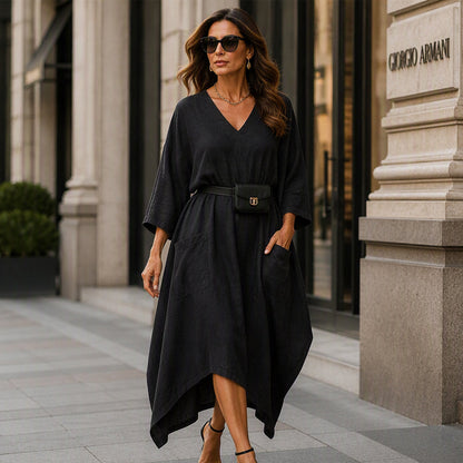 ✨👗Vestido feminino largo com decote em V e corte assimétrico