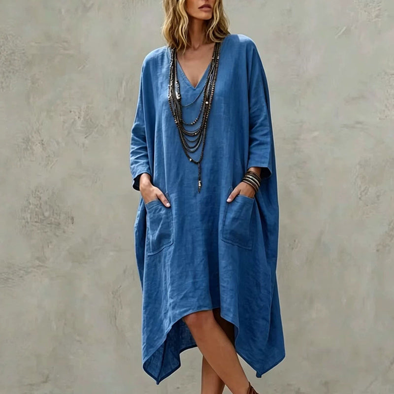 ✨👗Vestido feminino largo com decote em V e corte assimétrico