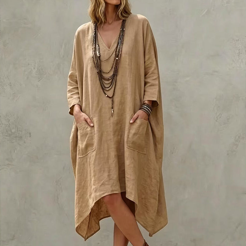 ✨👗Vestido feminino largo com decote em V e corte assimétrico
