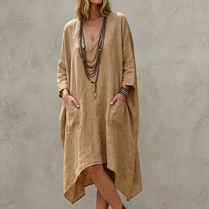 ✨👗Vestido feminino largo com decote em V e corte assimétrico