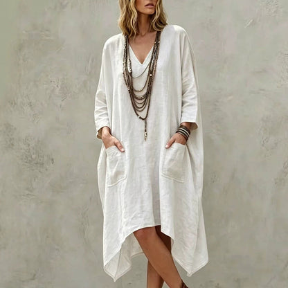 ✨👗Vestido feminino largo com decote em V e corte assimétrico