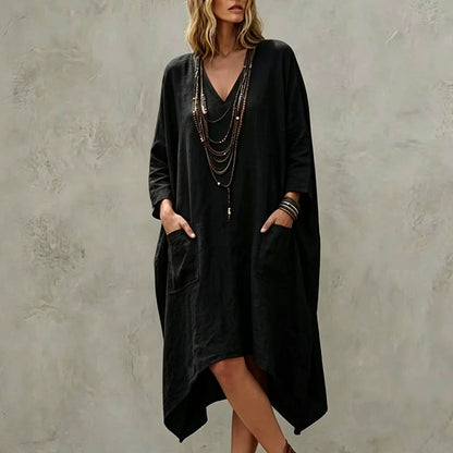 ✨👗Vestido feminino largo com decote em V e corte assimétrico