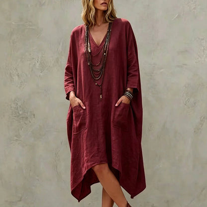✨👗Vestido feminino largo com decote em V e corte assimétrico