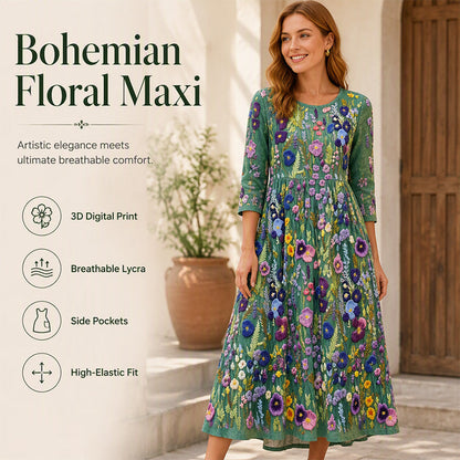✨👗Vestido midi feminino com manga 3/4, estampado floral e bolsos