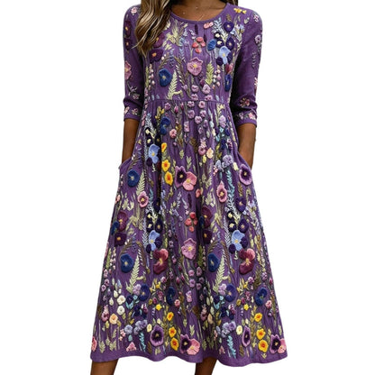 ✨👗Vestido midi feminino com manga 3/4, estampado floral e bolsos