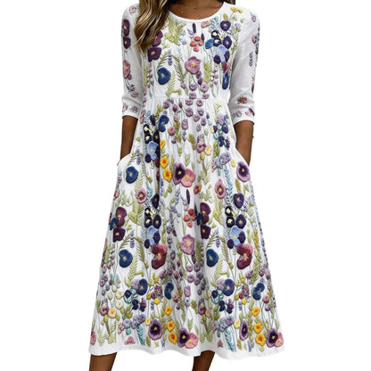 ✨👗Vestido midi feminino com manga 3/4, estampado floral e bolsos
