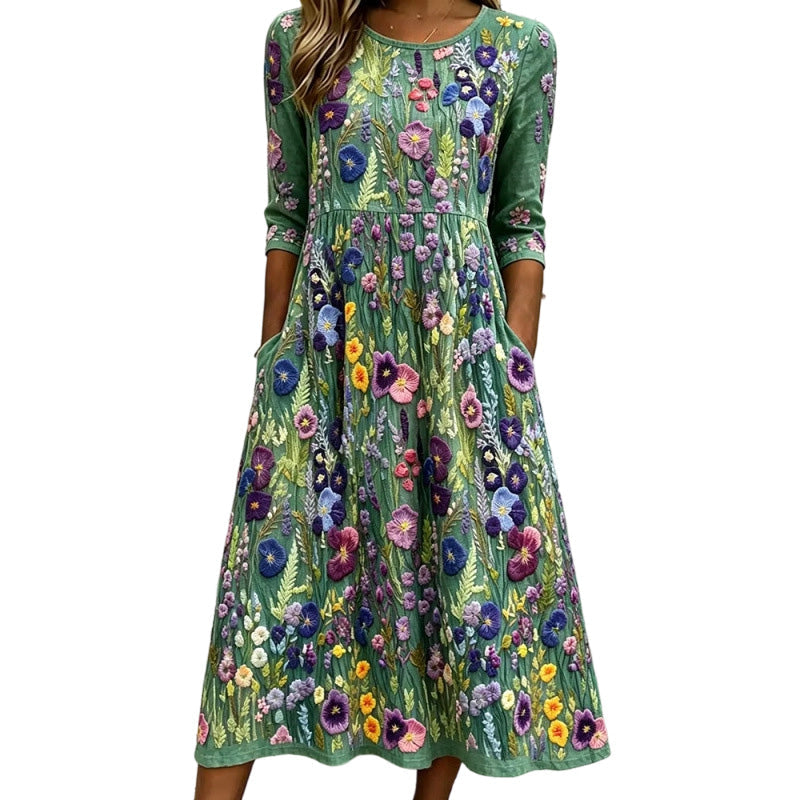 ✨👗Vestido midi feminino com manga 3/4, estampado floral e bolsos