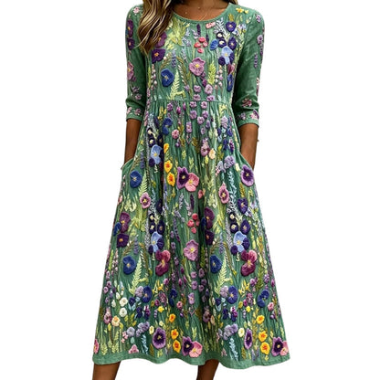 ✨👗Vestido midi feminino com manga 3/4, estampado floral e bolsos