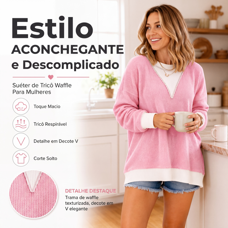 ✨👚Blusa casual feminina com gola careta e design de blocos de cores