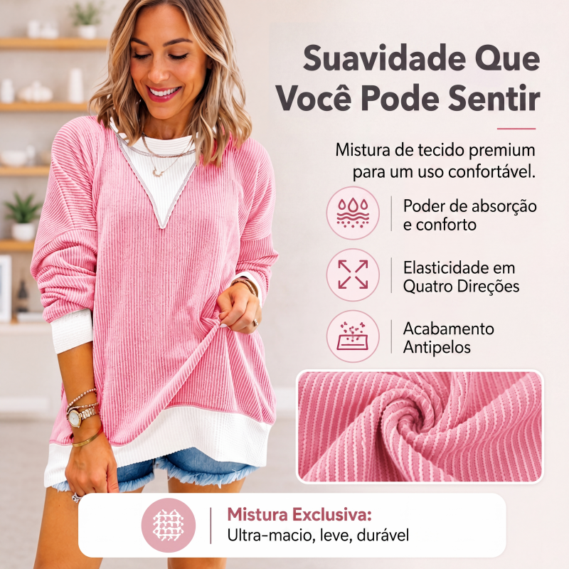 ✨👚Blusa casual feminina com gola careta e design de blocos de cores