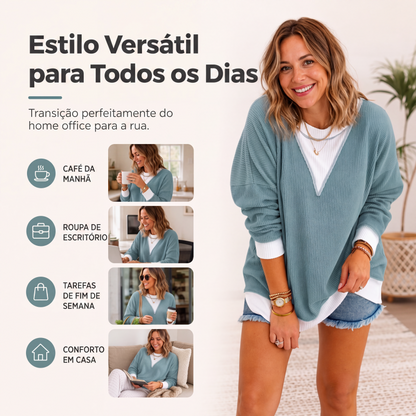 ✨👚Blusa casual feminina com gola careta e design de blocos de cores