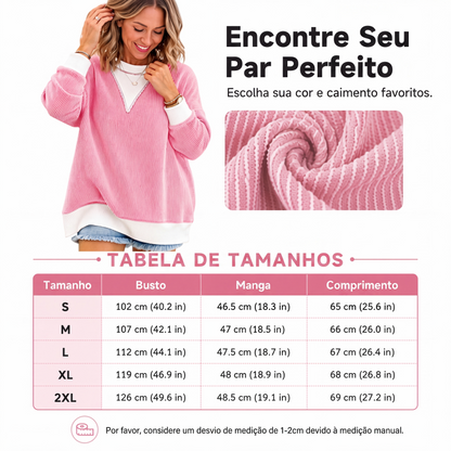 ✨👚Blusa casual feminina com gola careta e design de blocos de cores