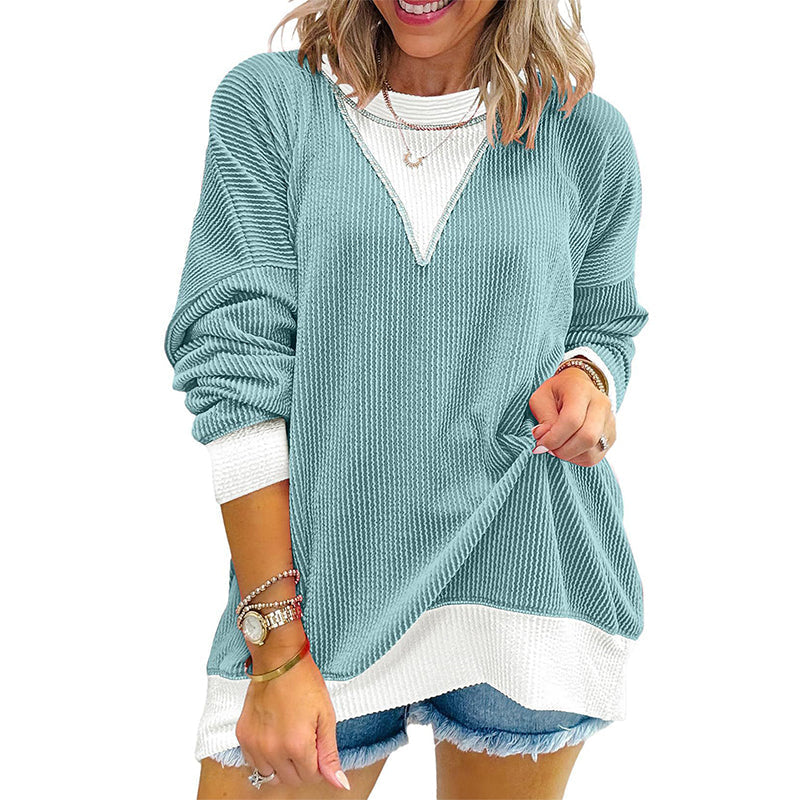 ✨👚Blusa casual feminina com gola careta e design de blocos de cores