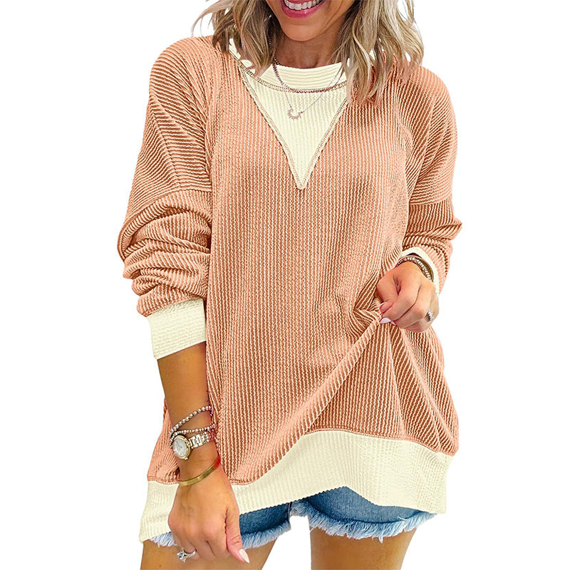 ✨👚Blusa casual feminina com gola careta e design de blocos de cores