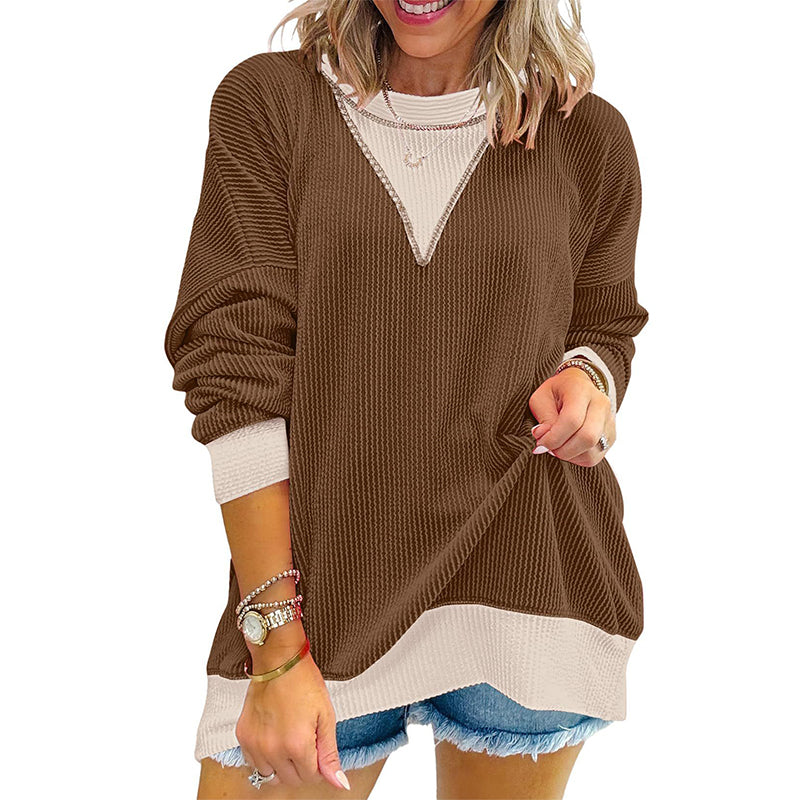 ✨👚Blusa casual feminina com gola careta e design de blocos de cores