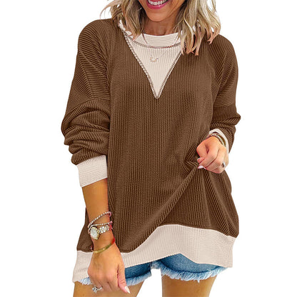 ✨👚Blusa casual feminina com gola careta e design de blocos de cores