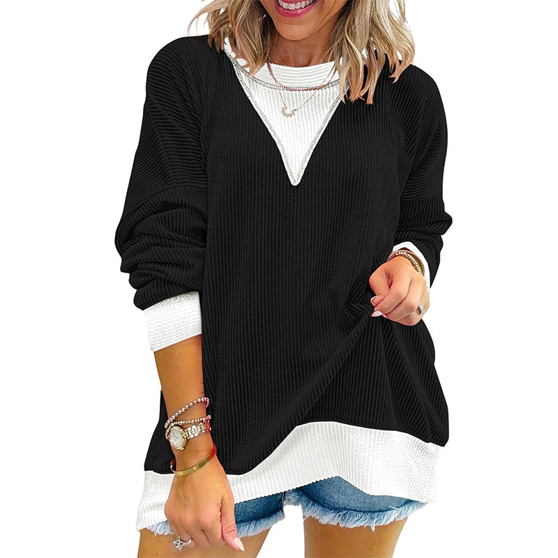 ✨👚Blusa casual feminina com gola careta e design de blocos de cores