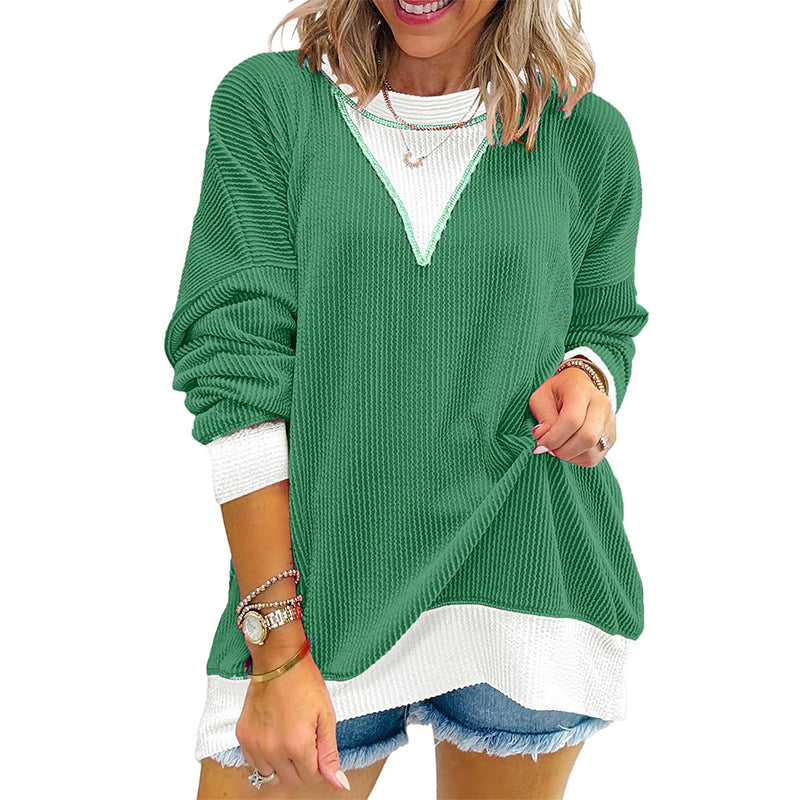 ✨👚Blusa casual feminina com gola careta e design de blocos de cores